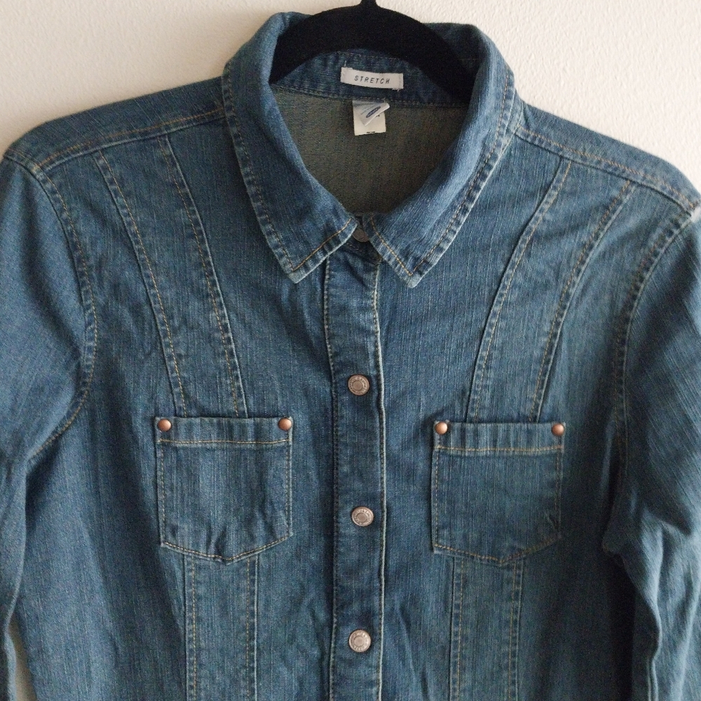 Old Navy Western Denim Snap Button Front 3/4 Sleeve Midi Dress - Picture 5 of 10